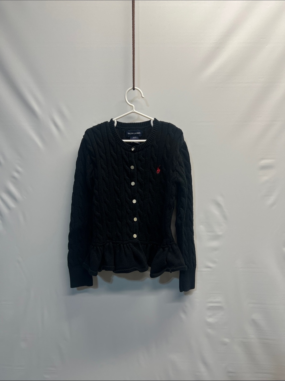 Ralph Lauren Girls Black Cable Knit Peplum Cardigan Small 7